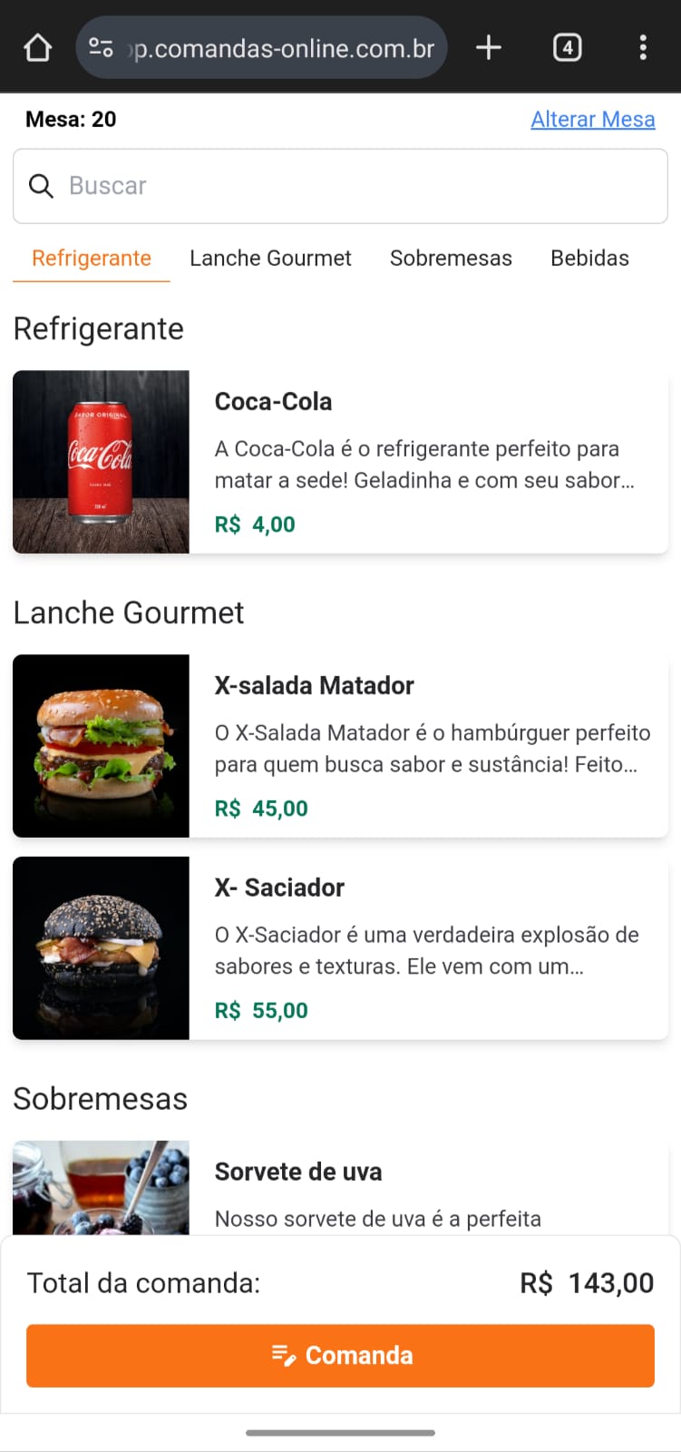 Print 2 do sistema Comandas Online no celular