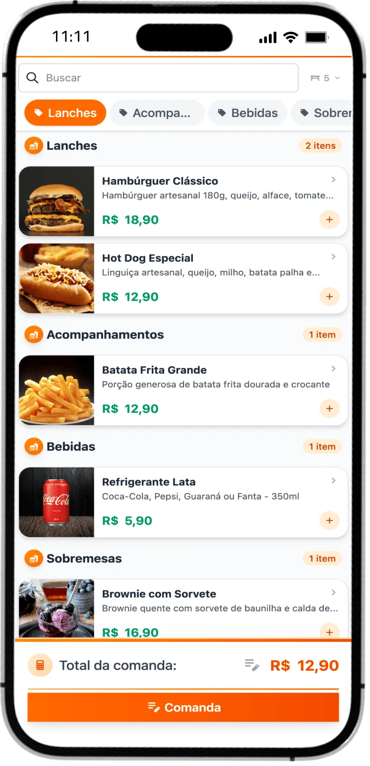 Cardápio digital aberto após validar o código