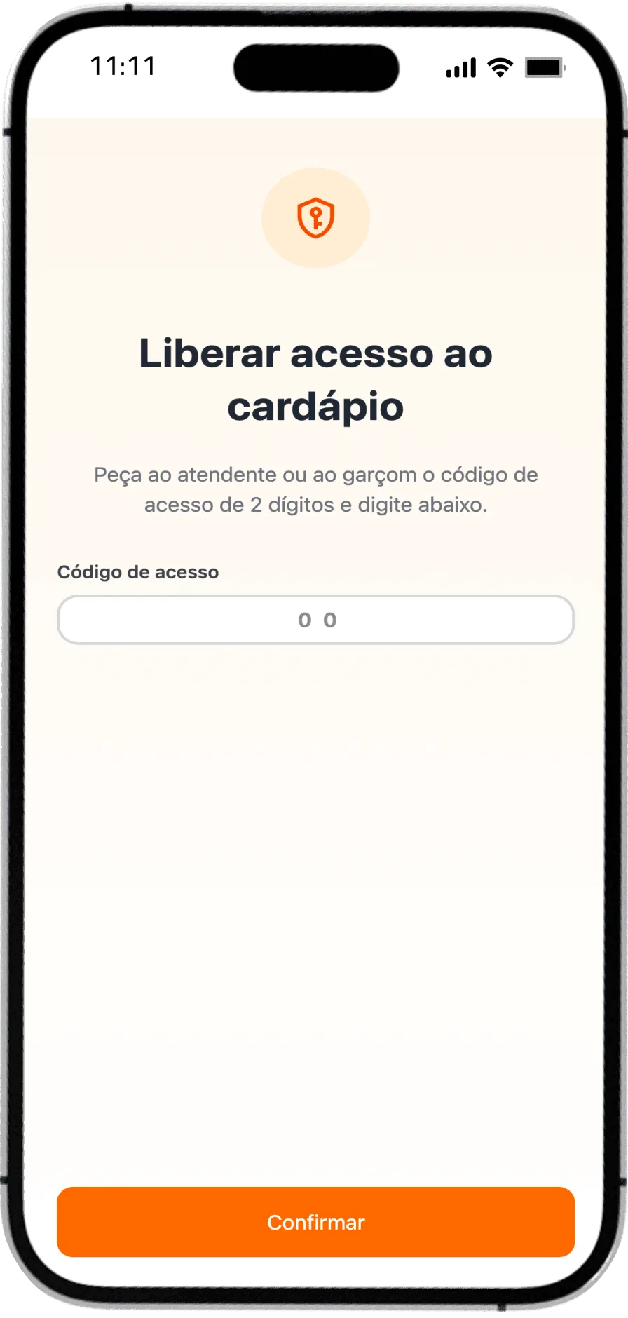Tela de digitação do código de acesso no Comandas Online